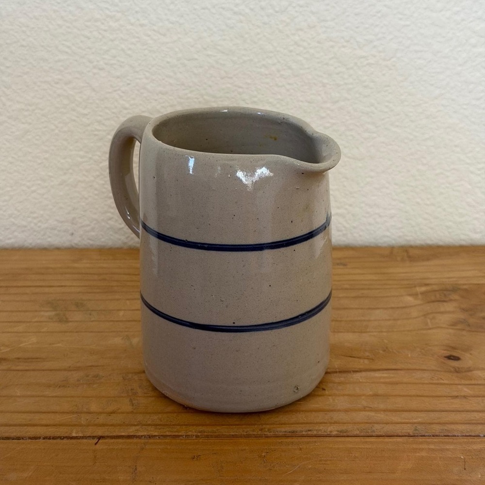 Vintage Stoneware Pitcher Blue Stripe Farmhouse Pottery Crock Ceramic Kitchen